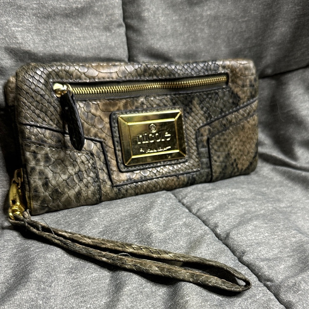 Nicole Miller Brown Faux Snake Print Wristlet/Wallet with gold accents